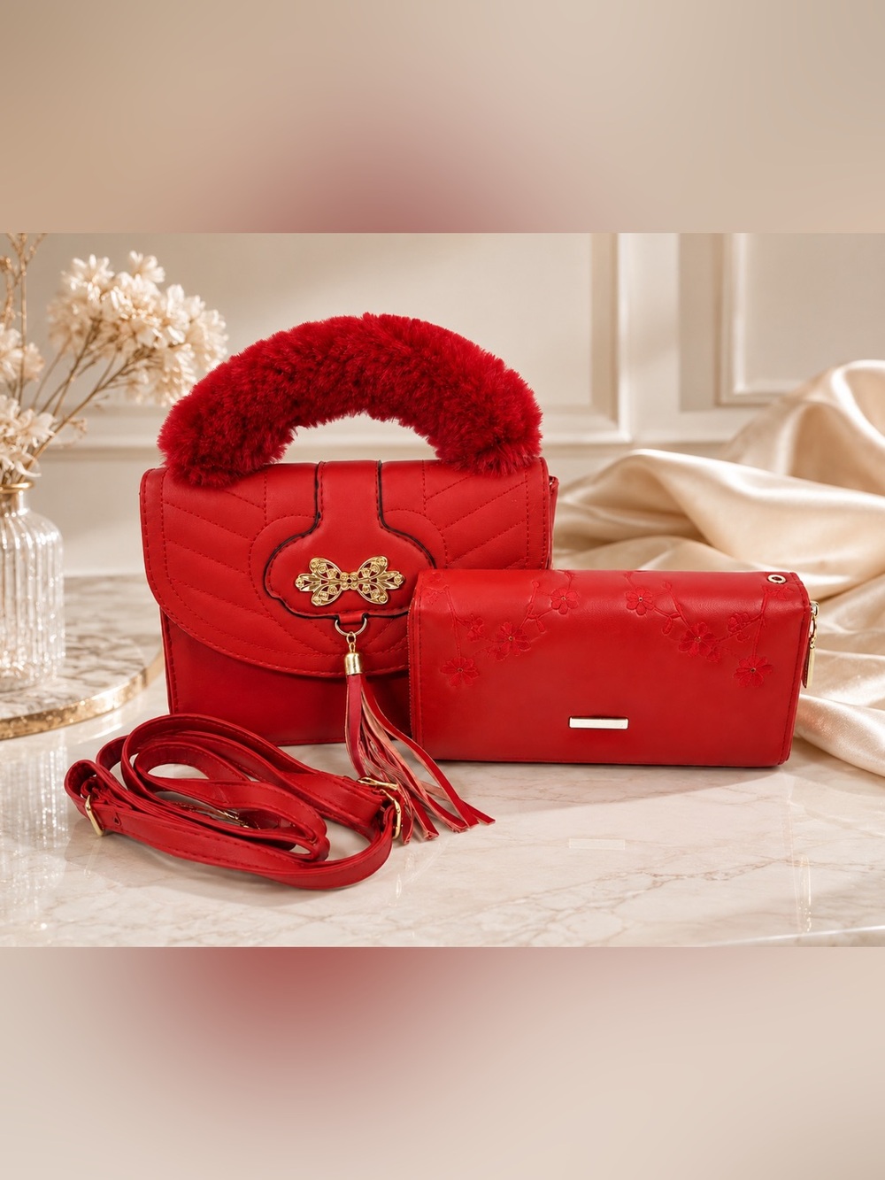 Red Faux-Fur Handle Crossbody Bag with Matching Wallet